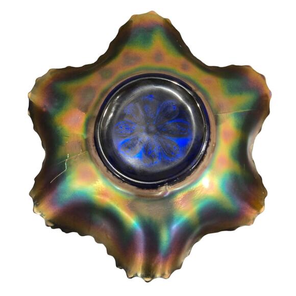 Vintage Fenton Carnival Glass Bowl Scalloped Edge Floral Pattern 10” - Picture 4 of 7